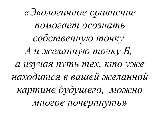 Экологичное сравнение помогает осознать собственную точку А и желанную точку Б, а изучая путь тех, кто уже находится в вашей желанной картине будущего, можно многое почерпнуть